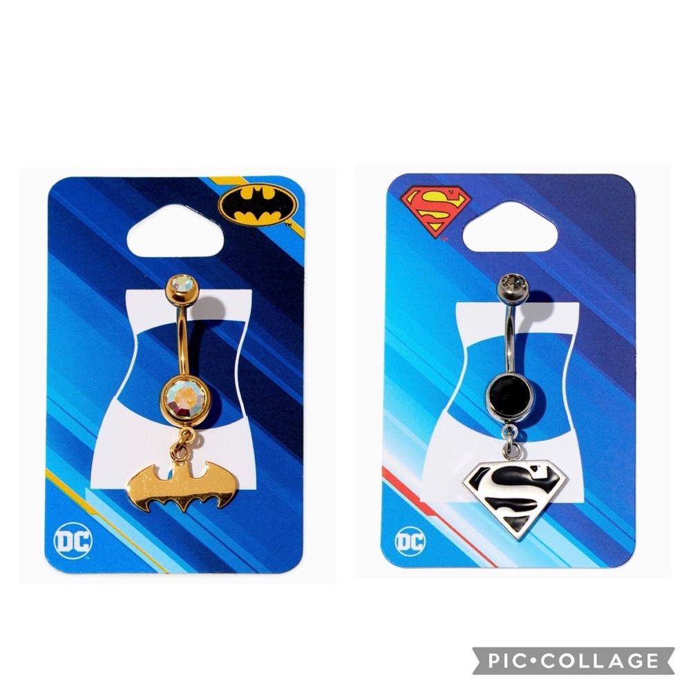 New DC Comics Batman & Superman Stainless Steel Logo Dangle 14G Belly Bar 2 pack